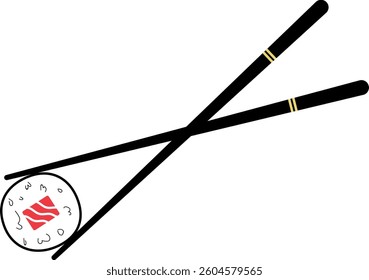 Chopsticks holding sushi rolls, Japanese exotic food. Flat modern vector illustration, isolated on white. Seafood snack, restaurant concept.