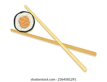 Chopsticks holding sushi rolls. Seafood sushi vector flat design isolated on white background