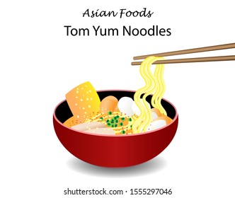 Chopsticks holding Thai favorite food "Tom yum noodles" in hot and spicy soup with sliced pork, fish balls, crispy fried wonton and chives. Isolated in white background.Side view. Vector Illustration.