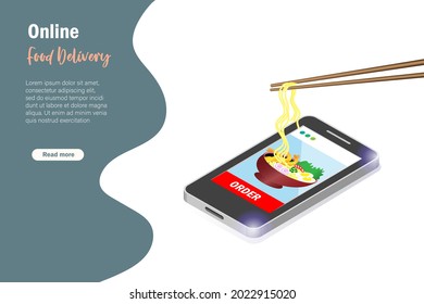 Chopsticks holding virtual noodles on ramen bowl from smart phone screen. Online foods delivery order, shopping service and e-commerce internet mobile application. 