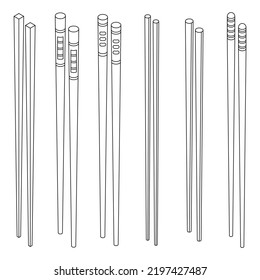 Chopsticks icons set. Isometric set of chopsticks vector icons outline thin lne isolated on white