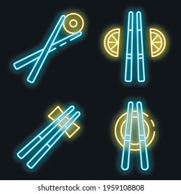 Chopsticks icons set. Outline set of chopsticks vector icons neon color on black