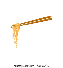 Chopsticks and noodle, Chinese, Japanese, Asian cuisine, cartoon vector illustration isolated on white background. Noodle held by two chopsticks, Asian fast food