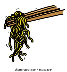 chopsticks and noodles, cartoon vector and illustration, hand drawn style, isolated on white background.