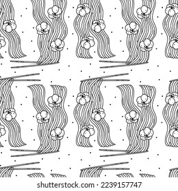 Chopsticks with noodles seamless pattern. Hand drawn doodle style. Asian meal decorative vector illustration.