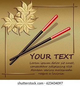 Chopsticks on a gold background with abstract flowers. Accessories for sushi. Asian Cuisine Restaurant, kitchen accessories.  Vector Illustration  