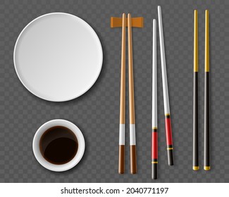 Chopsticks plates. Realistic table setting top view, Traditional japanese or chinese cuisine, wooden cutlery, plate and cutlery for sushi, soy sauce in white sauce pan, vector set