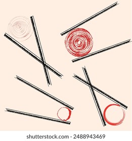 Chopsticks and red Japanese circle. Vector illustration for restaurant menu, banner, business card. Element for creating a seamless pattern. Hand drawn style