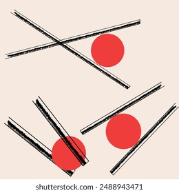 Palillos chinos y círculo japonés rojo. Ilustración vectorial para el menú del restaurante, Anuncio, tarjeta de visita. Elemento para crear un patrón transparente. Estilo dibujado a mano