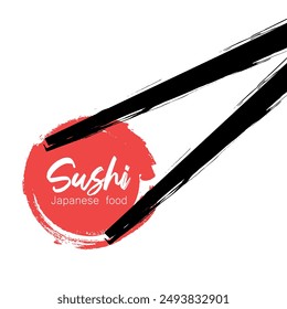 Chopsticks and red Japanese circle. Vector illustration for restaurant menu, banner, business card. Element for creating a seamless pattern. Hand drawn style