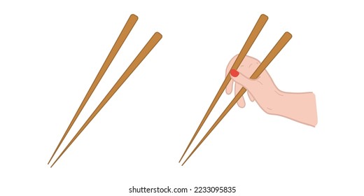 Chopsticks set for chinese noodles, asianfood. Chopsticks in hand. Vector illustration