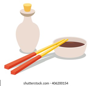 Chopsticks and soy sauce bottle icon. Chinese food symbol, isolated on white background.  Hand draw style chopsticks