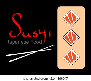 Chopsticks, sushi. Conceptual illustration of snacks, sushi, exotic food, seafood. Template for sushi restaurant, cafe, delivery or your business.