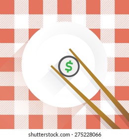 Chopsticks with sushi with dollar symbol inside on the plate in restaurant. Vector illustration with cute design. Idea - Business lunch, Negotiations, Sharing, Dividing Business, Profit, Success, Idea