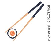 Chopsticks with sushi piece roll. Sushi utensil. Asian seafood. Vector isolated on white.