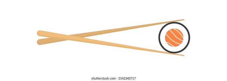 Chopsticks with sushi piece roll. Sushi utensil. Asian seafood. Vector isolated on white.