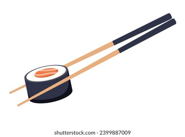 Chopsticks with sushi piece roll. Sushi utensil. Asian seafood. Vector isolated on white.