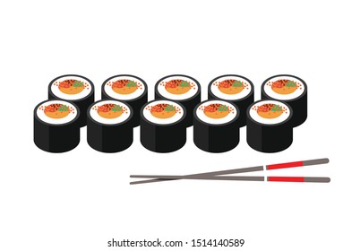 chopsticks and sushi roll. concept of snack, sushi, exotic nutrition, sushi restaurant, sea food. isolated on white background. flat style trend modern design vector illustration