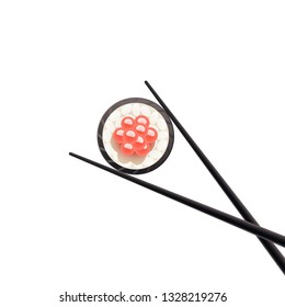 Chopsticks with sushi roll. Sushi piece with chopsticks vector web icon isolated on white background, EPS 10, top view
