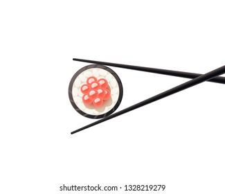Chopsticks with sushi roll. Sushi piece with chopsticks vector web icon isolated on white background, EPS 10, top view