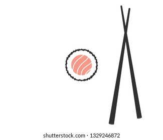 Chopsticks with sushi roll. Sushi piece with chopsticks vector web icon isolated on white background, EPS 10, top view