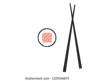 Chopsticks with sushi roll. Sushi piece with chopsticks vector web icon isolated on white background, EPS 10, top view