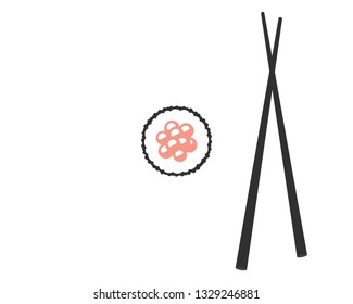 Chopsticks with sushi roll. Sushi piece with chopsticks vector web icon isolated on white background, EPS 10, top view