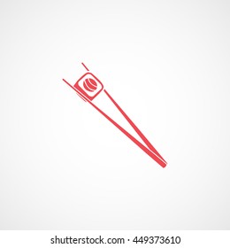Chopsticks With Sushi Roll Red Flat Icon On White Background