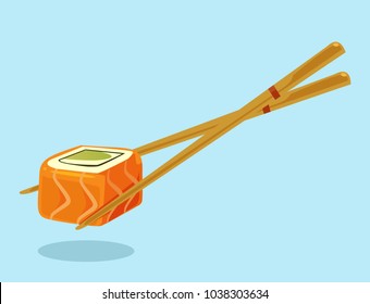 Chopsticks with sushi roll. Vector flat cartoon illustration