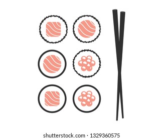 Chopsticks with sushi rolls. Sushi piece with chopsticks vector web icon isolated on white background, EPS 10, top view