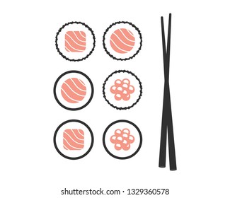 Chopsticks with sushi rolls. Sushi piece with chopsticks vector web icon isolated on white background, EPS 10, top view