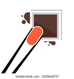 chopsticks with sushi sake and soy sauce. The concept of snacks, sushi, sushi restaurant, seafood. isolated on white background. Flat style trend. Vector illustration of traditional Japanese food.