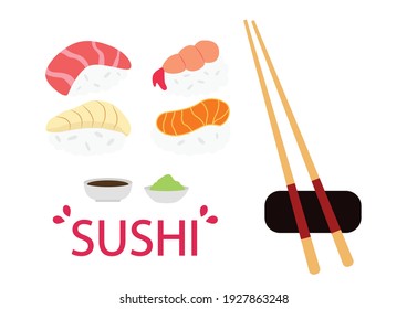 Chopsticks and sushi set on white background, Delicious japanese food, Popular japanese food, Vector illustration.