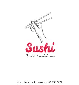  Chopsticks for sushi. Vector hand drawn logo for asian food.