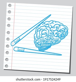 Chopsticks taking brain. Sketch style illustration.