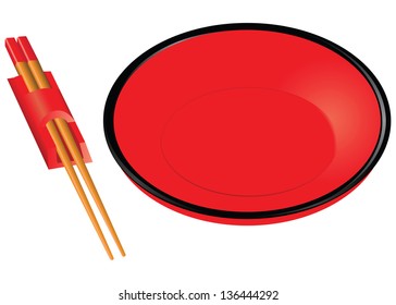 Chopsticks and traditional red plate. Vector illustration.