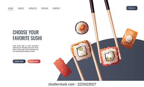 Palos con variedad de sushi. Comida japonesa, comida saludable, cocina, menú, concepto de nutrición. Ilustración vectorial. Cartel, sitio web, publicidad. 