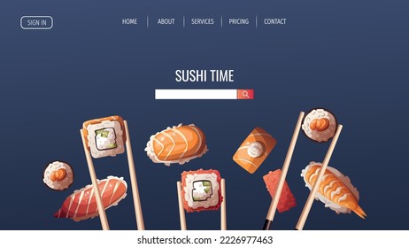 Chopsticks with variety of Sushi. Japanese food, healthy eating, cooking, menu, nutrition concept. Vector illustration. Banner, website, advertising. 