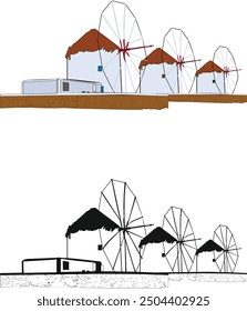 chora windmills white background hand drawn sketch style illustration. Windmill vector monochrome outline image