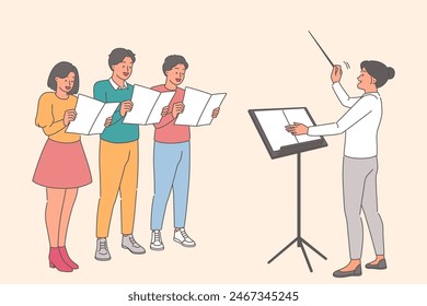 Choral singing from teenagers standing near conductor and rehearsing performance of new song. Young boys and girls from choir enjoy favorite hobby by attending creative club after school