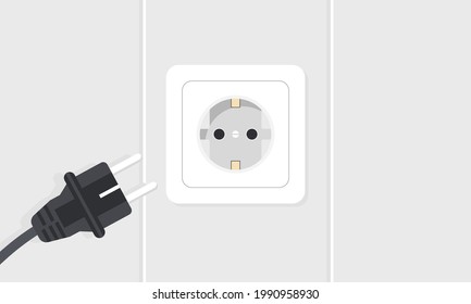 Chord About To Be Plugged In Electrical Socket On Wall At Home. House Electricity And Power Concept. Vector Illustration.