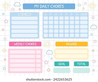 Chore chart for kids. Daily and weekly chores, responsibility for kids. Children routine tracker. Kids discipline, motivation. School Routine, Behavior Chart, Daily Checklist. Reward chart for kids.