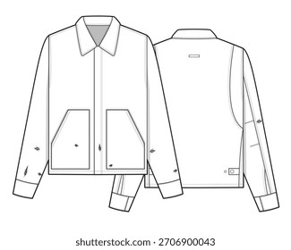 Ilustración técnica de diseño de Vector de Plantilla de maqueta de vista frontal y posterior de chore coat.