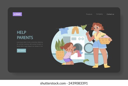 Chore Participation concept. Child happily assists with laundry, fostering responsibility and family teamwork. A celebration of shared household duties.