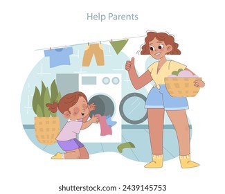 Chore Participation concept. Child happily assists with laundry, fostering responsibility and family teamwork. A celebration of shared household duties.