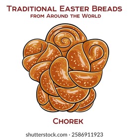 Chorek is a traditional Azerbaijani sweet bread enriched with milk, eggs, and butter, often decorated with sesame seeds and egg wash for a golden-brown crust.