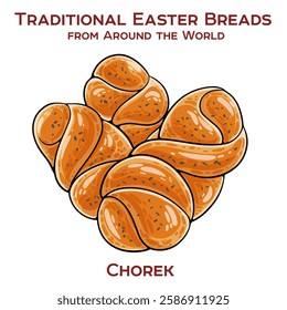 Chorek is a traditional Azerbaijani sweet bread enriched with milk, eggs, and butter, often decorated with sesame seeds and egg wash for a golden-brown crust.