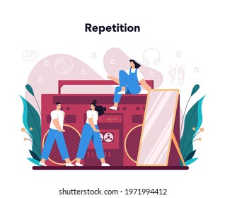 Choreographer concept. Dance teacher in studio. Training courses for children and adults. Classical ballet or modern street dance. Vector Illustration