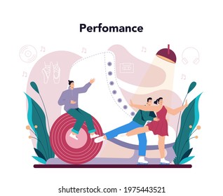 Choreographer concept. Dance teacher in studio. Training courses for children and adults. Classical ballet or modern street dance. Vector Illustration