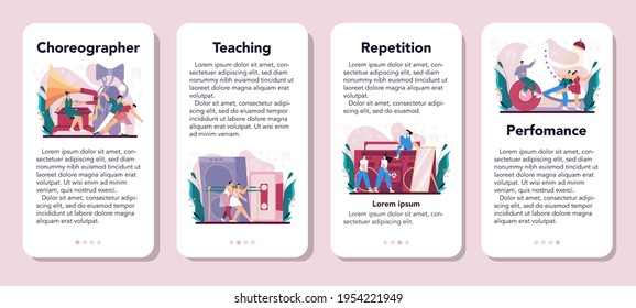Choreographer mobile application banner set. Dance teacher in studio